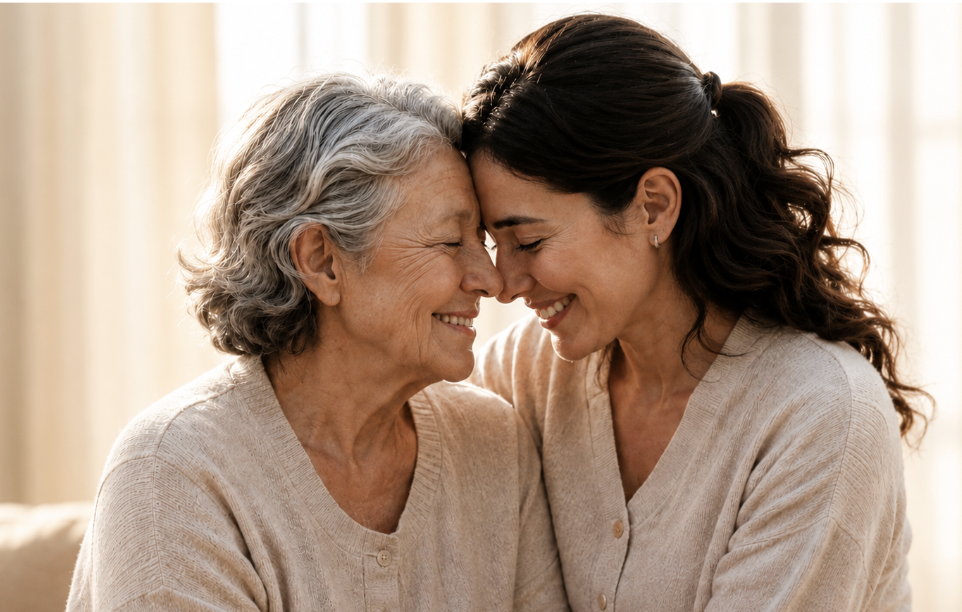 A daughter and her mother sharing a tender moment